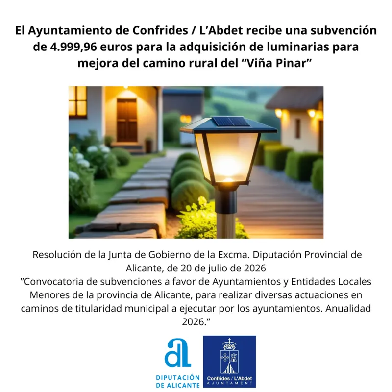 Confrides recibe casi 5.000 € de la Diputación de Alicante para mejorar el camino rural del "Viña Pinar"