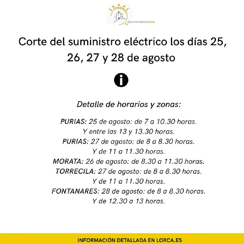 Cortes de luz programados en pedanías de Lorca del 25 al 28 de agosto por mejoras en la red