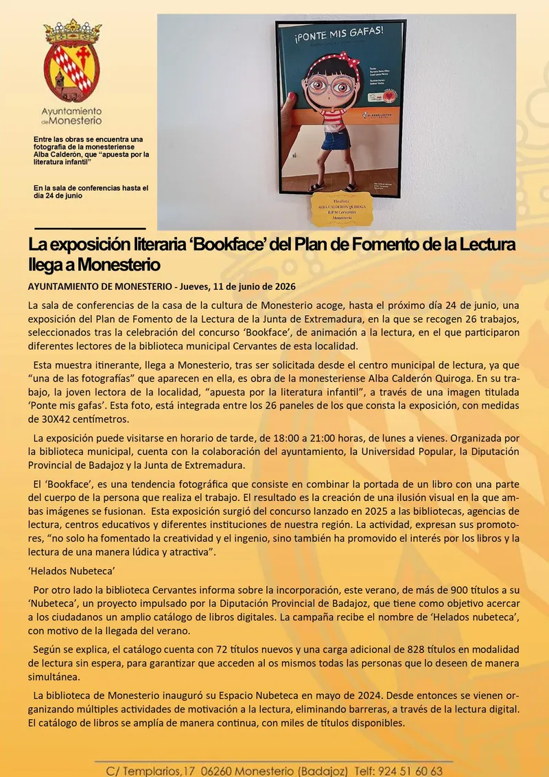 Monesterio acoge la exposición literaria 'Bookface' del Plan de Fomento de la Lectura