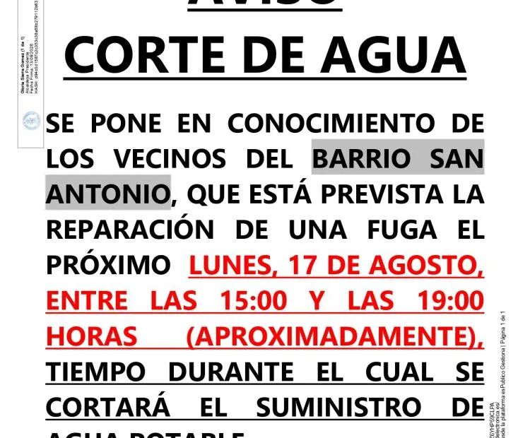 Corte de agua programado en el barrio San Antonio este jueves