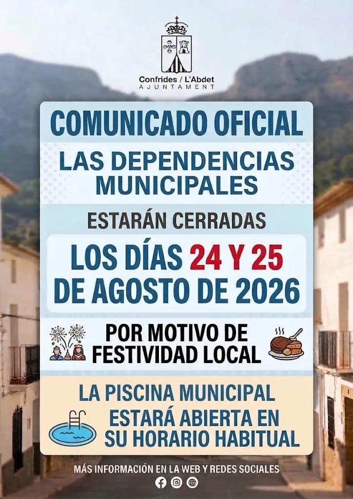 Confrides cierra sus dependencias municipales el 24 y 25 de agosto por festividad local