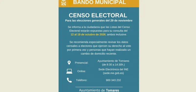 Tomares abre el plazo para consultar el censo electoral de las próximas Elecciones Generales