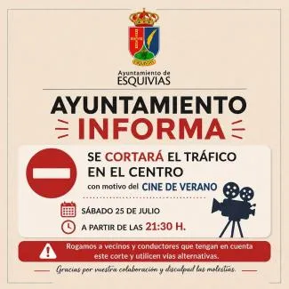 Esquivias: Corte de tráfico en el centro el sábado 25 de julio por Cine de Verano