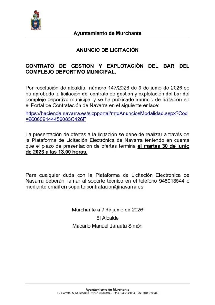 Murchante saca a licitación la gestión del bar del complejo deportivo municipal