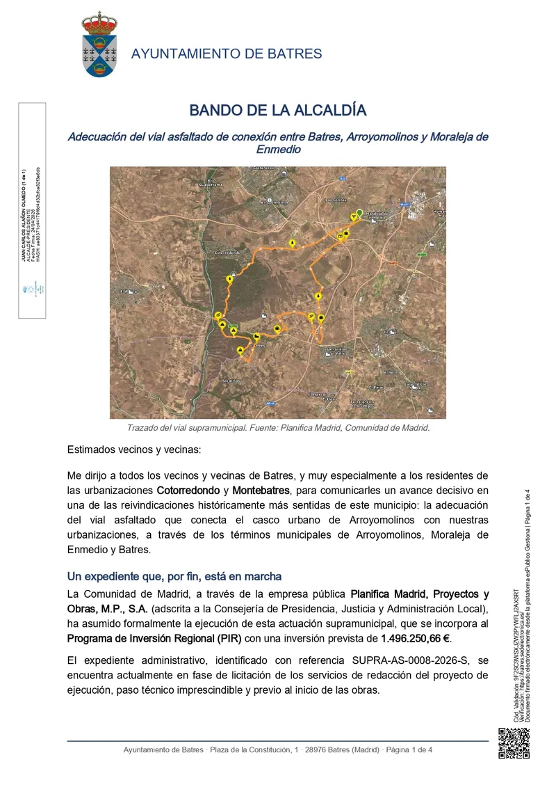Avanza el proyecto del vial supramunicipal entre Batres, Arroyomolinos y Moraleja de Enmedio