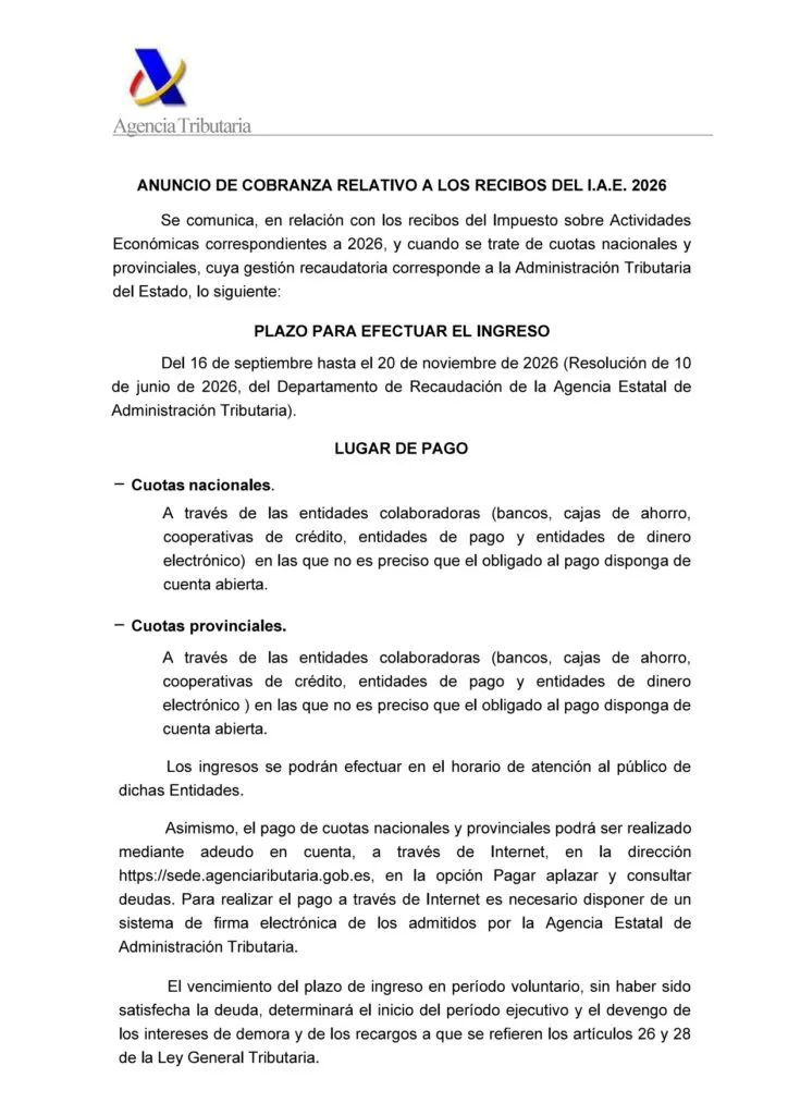 La Agencia Tributaria recuerda el plazo para el pago voluntario del IAE 2026
