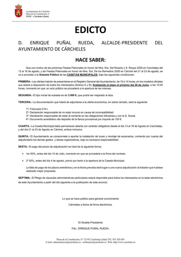 Cárcheles saca a subasta las casetas municipales para las Fiestas de 2026