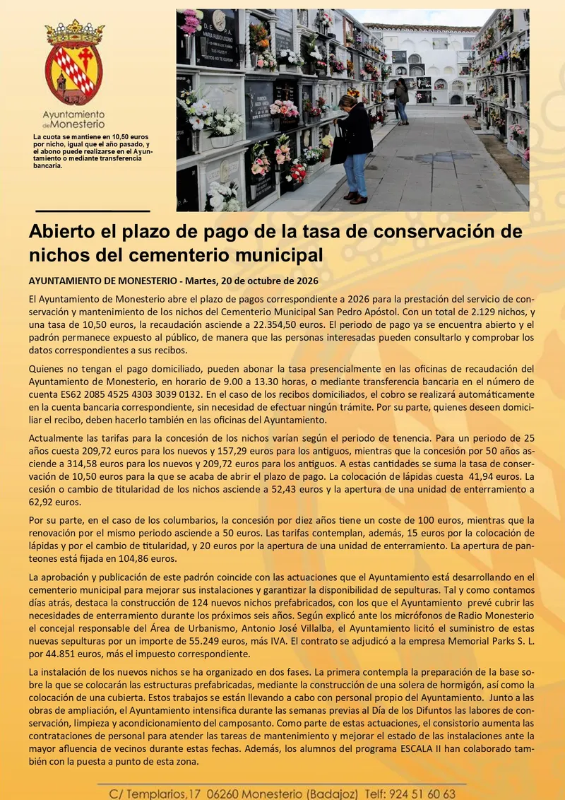 Abierto el plazo para abonar la tasa de conservación de nichos en el cementerio de Monesterio