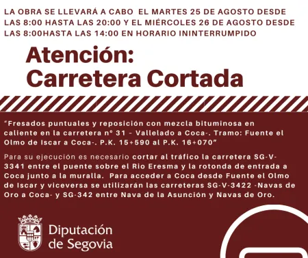 Cortes de tráfico en la SG-V-3341 entre Fuente el Olmo de Íscar y Coca por obras de fresado
