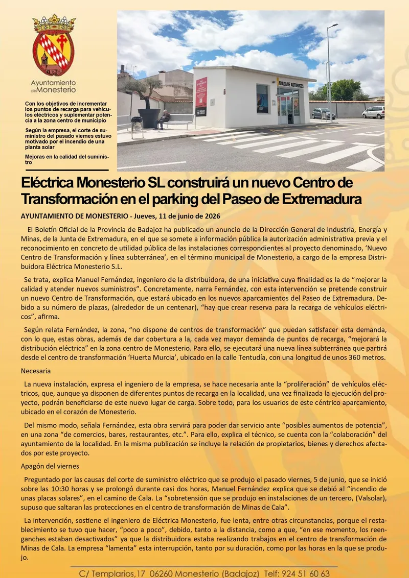 Monesterio contará con un nuevo centro de transformación eléctrica en el parking del Paseo de Extremadura