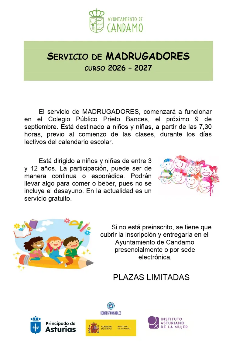 Candamo abre el plazo para el servicio 'Madrugadores' en el Colegio Prieto Bances