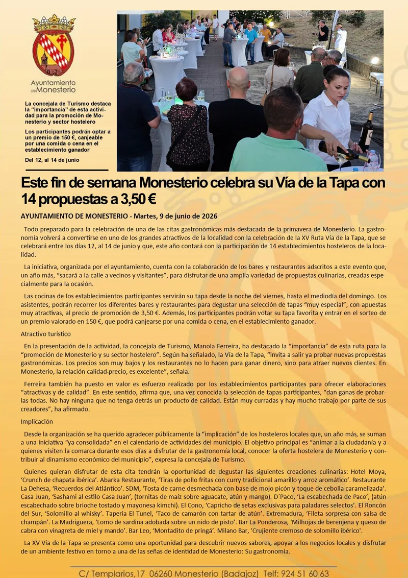 Monesterio se llena de sabor con la Vía de la Tapa este fin de semana