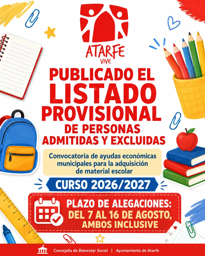 Atarfe publica el listado provisional de ayudas para material escolar