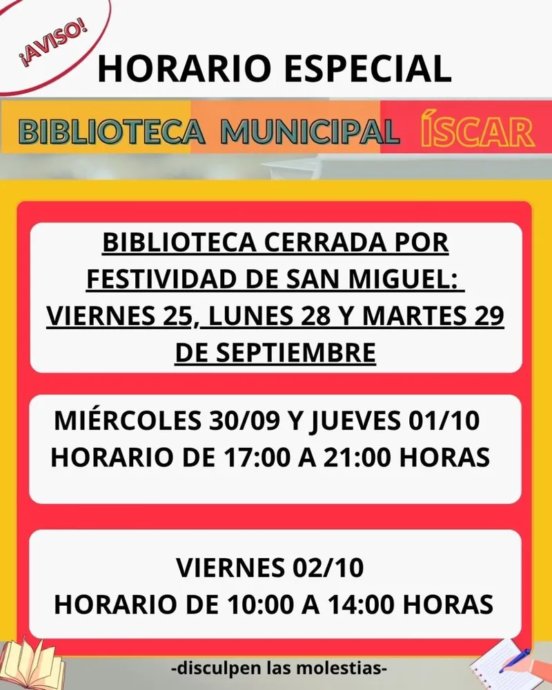 Horario especial de la Biblioteca Municipal de Íscar por San Miguel